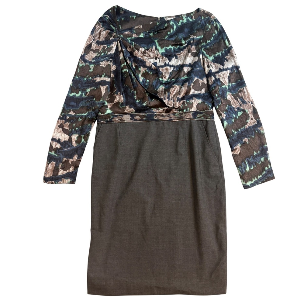 Rachel Roy Signature Silk Mixed Media Abstract Print Sheath Dress Grey Teal 12